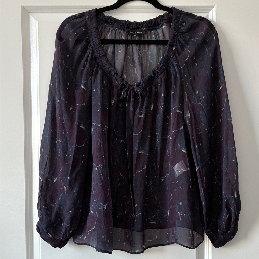 Tara Jarmon Size 40 100% Silk Sheer Tie-Blouse - Purple/Blue